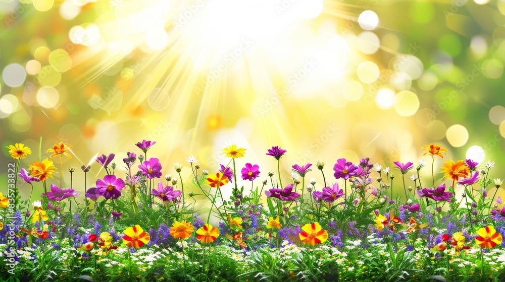 Fototapeta premium A field filled with colorful flowers, sun shining over tree-topped background