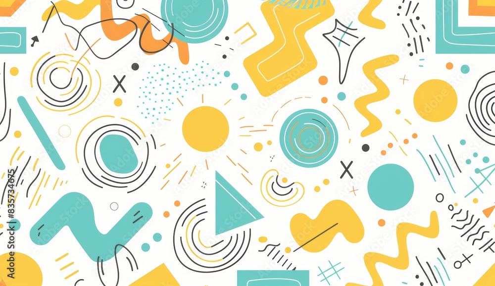 Abstract background, colorful shapes and patterns with white backgrounds, minimalist line drawings, simple lines, hand drawn doodles, yellow orange teal green red palette, white dots, line work