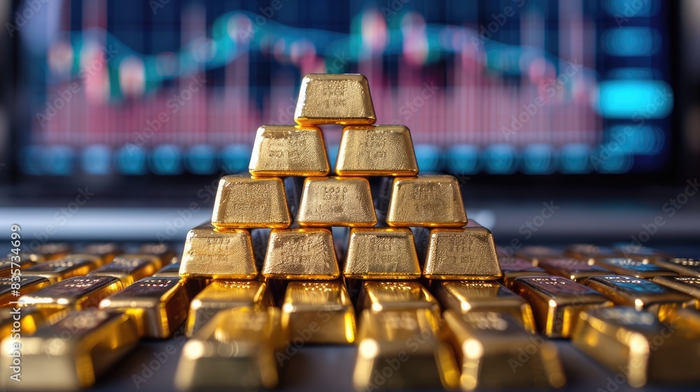 Gold bars on nugget grains background, close-up Gold bars on nugget grains background, close-up