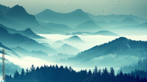  A scene of a mountain range with trees in the foreground and a foggy sky behind, featuring mountains and trees up close © Mikus
