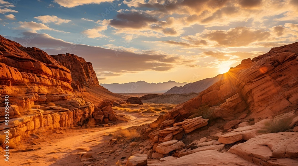 Sun setting over rocky desert canyon. Sun setting over rocky desert canyon.