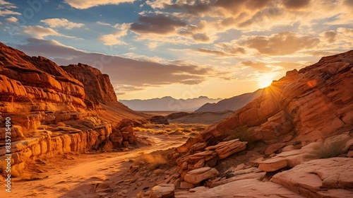 Sun setting over rocky desert canyon.