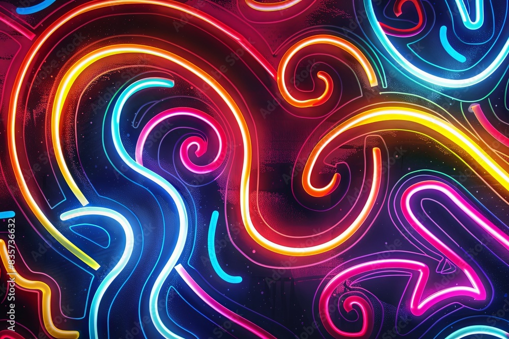 An eye-catching neon pattern with swirling lines and abstract shapes, illuminated in a spectrum of vivid colors. The design pops against a black backdrop, making the neon elements stand out with An eye-catching neon pattern with swirling lines and abstract shapes, illuminated in a spectrum of vivid colors. The design pops against a black backdrop, making the neon elements stand out with