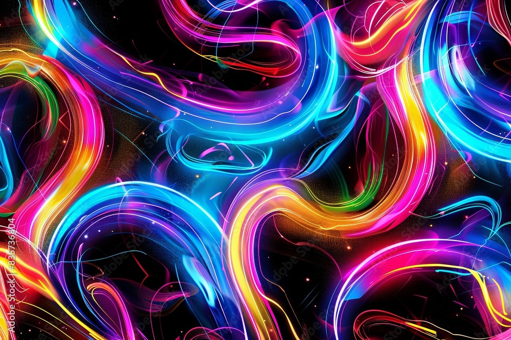 An eye-catching neon pattern with swirling lines and abstract shapes, illuminated in a spectrum of vivid colors. The design pops against a black backdrop, making the neon elements stand out with An eye-catching neon pattern with swirling lines and abstract shapes, illuminated in a spectrum of vivid colors. The design pops against a black backdrop, making the neon elements stand out with