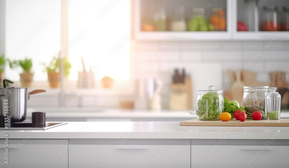 Blur selective focus of white kitchen counter island.contemporary background for food key visual product.cooking and eating concepts Blur selective focus of white kitchen counter island.contemporary background for food key visual product.cooking and eating concepts