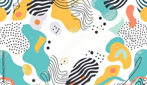 Abstract background, colorful shapes and patterns with white backgrounds, minimalist line drawings, simple lines, hand drawn doodles, yellow orange teal green red palette, white dots, line work