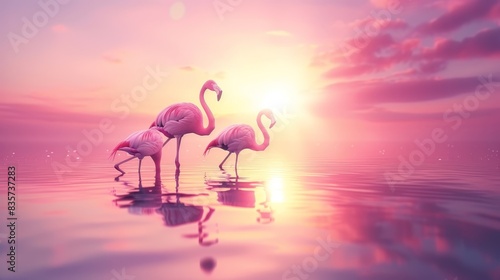 Three flamingos stand in the water as the sun sets  the sky s reflection merging with the mirror-like surface
