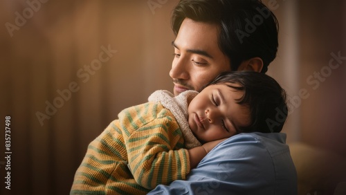 Heartwarming Portrait of a Man Tenderly Holding a Sleeping Baby