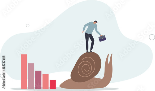 depressed sad businessman riding slow walking snail on economic graph and chart.flat vector illustration.