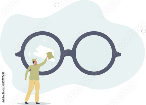 miniature worker cleaning huge eyeglass lenses for owner to get clear vision.flat vector illustration.