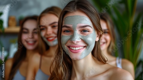  A group of women stand next to one another, masks covering their faces in pristine white sheets In the backdrop, a woman holds a vibrant green plant