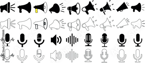Megaphone and microphone icon vector set, audio symbols, loudspeaker, sound, announcement, communication, broadcasting, volume, podcast, media, recording music