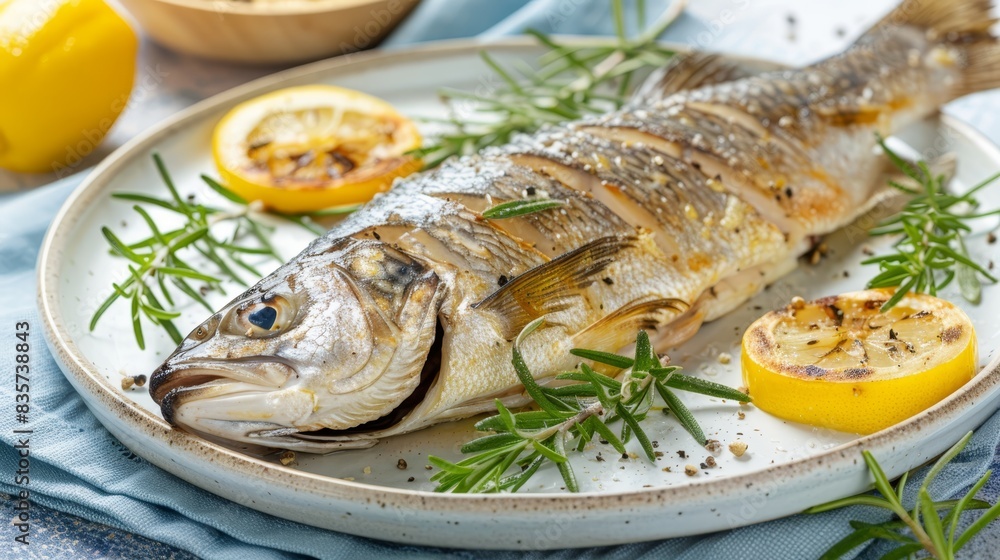 A white plate holds a fish; lemons surround it A cut lemon rests atop a blue cloth Nearby, a bowl of lemons sits, accompanied by a blue towel A white plate holds a fish; lemons surround it A cut lemon rests atop a blue cloth Nearby, a bowl of lemons sits, accompanied by a blue towel
