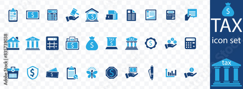 Tax icon set. Containing tax refund, tax deduction, payment, tax accounting, calculator, taxpayer, VAT, taxation and income icons