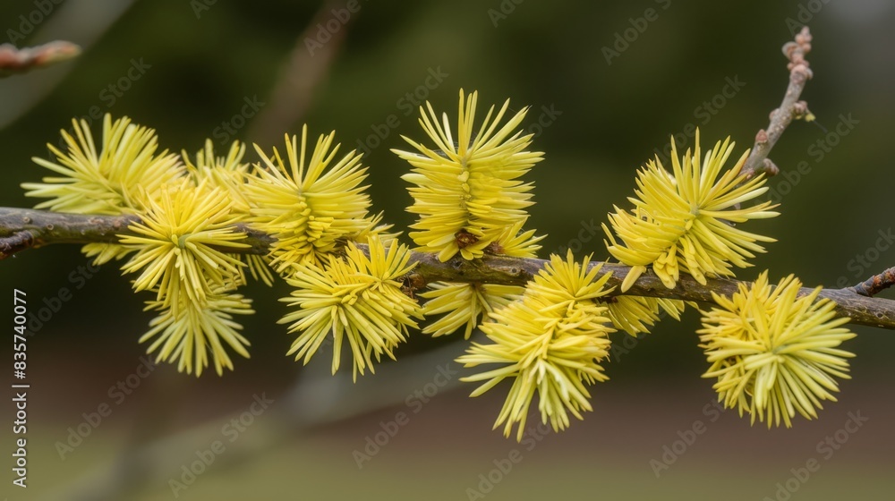 A tight shot of a tree branch bearing yellow flowers in the foreground, with a softly blurred backdrop of distant trees A tight shot of a tree branch bearing yellow flowers in the foreground, with a softly blurred backdrop of distant trees
