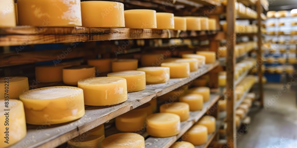 Rows of cheese wheels on wooden shelves Rows of cheese wheels on wooden shelves