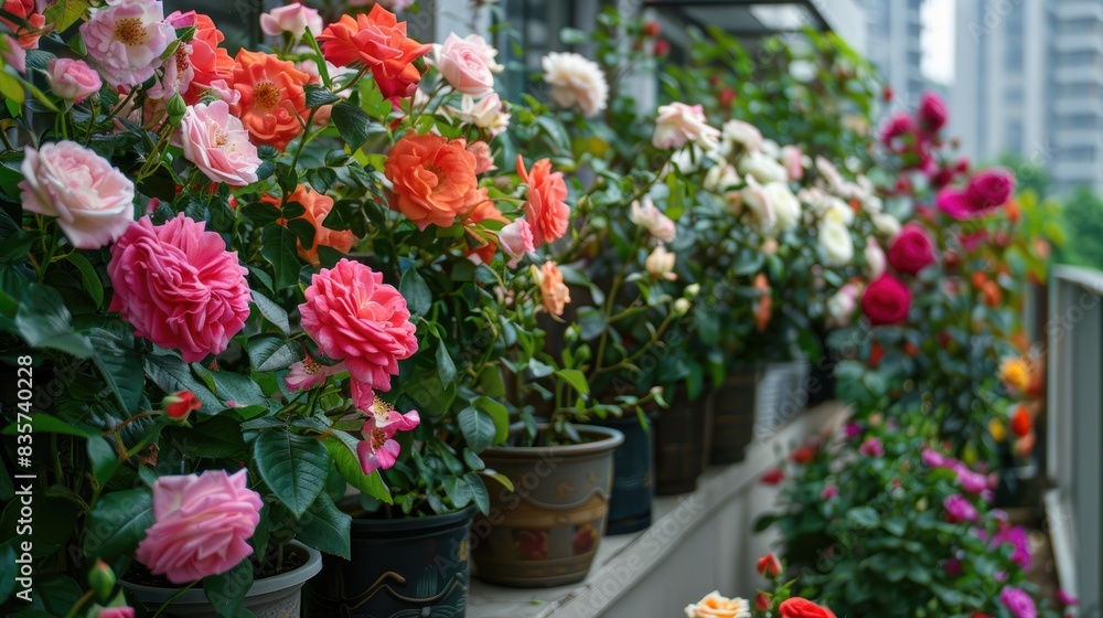 Balcony garden with blooming colorful roses