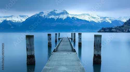 Wallpaper Mural  A pier in the midst of a body of water, with a mountain range as its backdrop in the distance, is a scene featuring a body of water and a dock in the foreground Torontodigital.ca