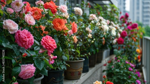 Balcony garden with blooming colorful roses © kardaska