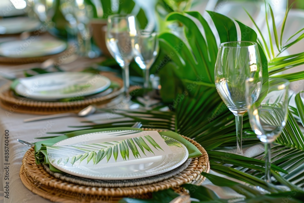 Wedding served table setting with nature theme of palm tree leaves. Wedding served table setting with nature theme of palm tree leaves.