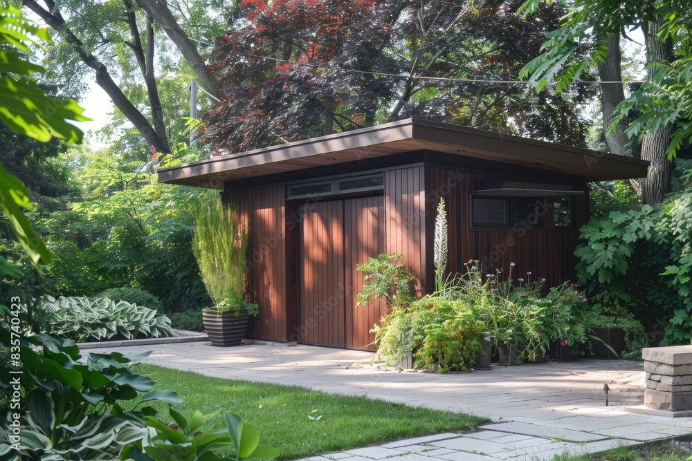 A contemporary white backyard shed with a flat roof, large doors, and surrounded by greenery A contemporary white backyard shed with a flat roof, large doors, and surrounded by greenery