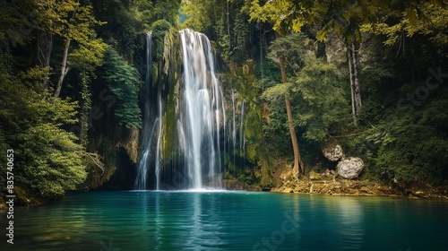 A serene waterfall hidden deep within a dense forest, cascading down into a tranquil pool below.