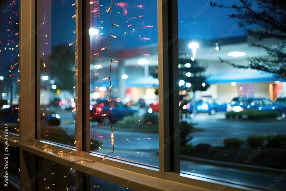 A shot through the clinic window capturing waiting room activity with bokeh lights from passing cars. A shot through the clinic window capturing waiting room activity with bokeh lights from passing cars.
