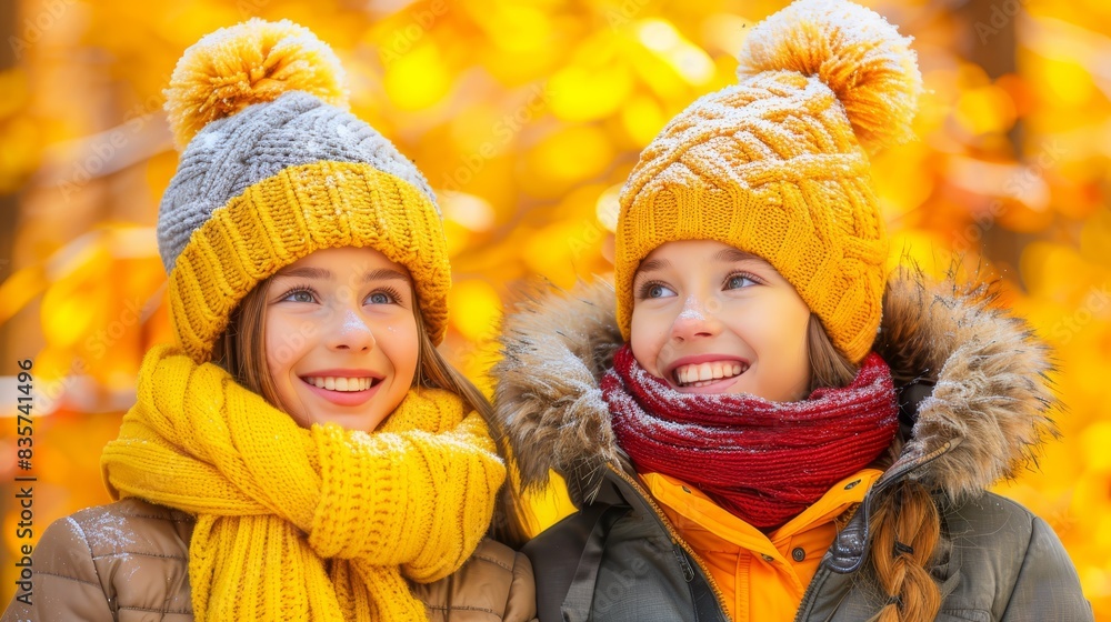 Two women, one in a hat and scarf, stand before a tree filled with yellow leaves Two women, one in a hat and scarf, stand before a tree filled with yellow leaves