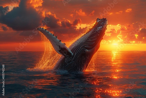 Majestic humpback whale breaching out of the ocean with a stunning sunset in the background. ©  ColorDash