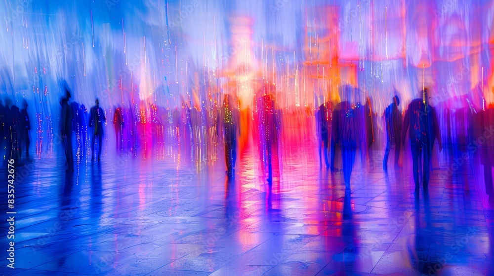 A group of people congregate before a blue-red building, adorned with numerous lit windows City skyline looms in the backdrop A group of people congregate before a blue-red building, adorned with numerous lit windows City skyline looms in the backdrop