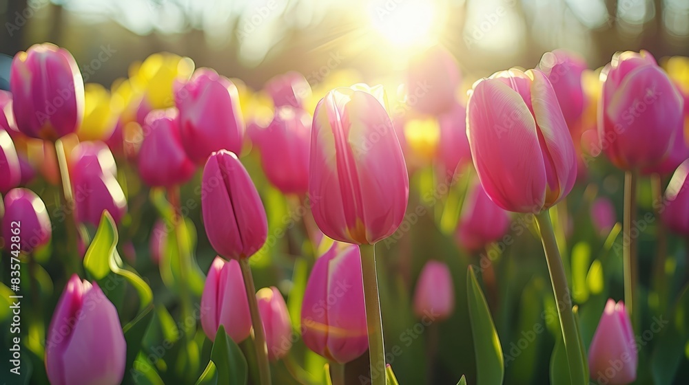 A field of pink and yellow tulips with the sun shining through the trees in the background The sun distances itself in the foreground, casting golden rays A field of pink and yellow tulips with the sun shining through the trees in the background The sun distances itself in the foreground, casting golden rays