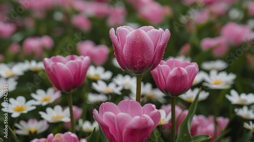  A field of pink and white flowers with dewdrops on their petals In the midst of these blooms, daisies reside