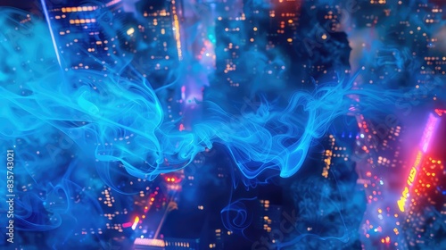 Bright blue smoke undulates across a city of lights at night  in minimalist style.