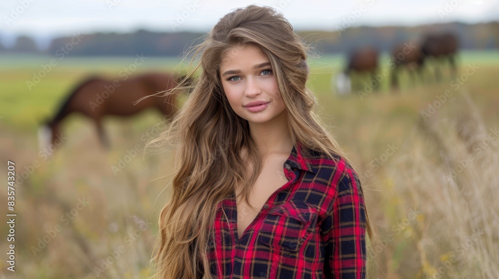 A beautiful young woman stands in a field, surrounded by tall grass Nearby, a brown horse grazes on the other side A beautiful young woman stands in a field, surrounded by tall grass Nearby, a brown horse grazes on the other side
