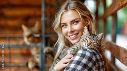  A woman cradles a feline in her arms, near a wooden shelf brimming with felines Surrounding them, wood-paneled walls enclose the space, ad photo