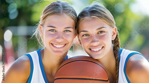  Two women, one on each side, stand before a basketball court A basketball sits atop it Behind them, a sunlit green tree with leafy branches frames the scene
