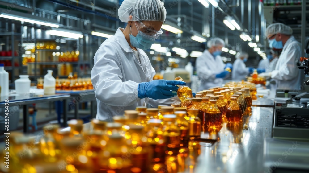 Scientists in Laboratory Conducting Food Safety Testing on Bottled Samples to Ensure Quality and Standards Scientists in Laboratory Conducting Food Safety Testing on Bottled Samples to Ensure Quality and Standards