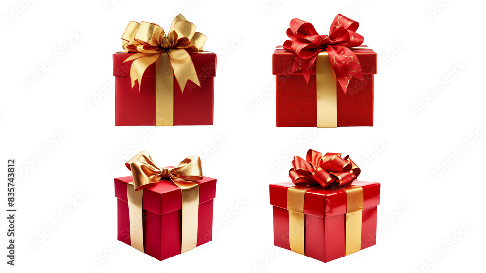 Four red gift boxes with gold ribbons and bows, isolated on a black background. Perfect for holiday and celebration themes., transparent , png Four red gift boxes with gold ribbons and bows, isolated on a black background. Perfect for holiday and celebration themes., transparent , png