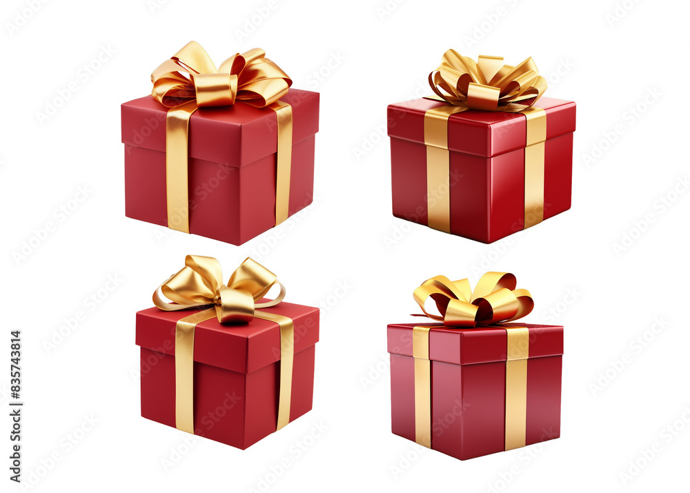 Four red gift boxes with gold ribbon and bow, isolated on a transparent background. Four red gift boxes with gold ribbon and bow, isolated on a transparent background.