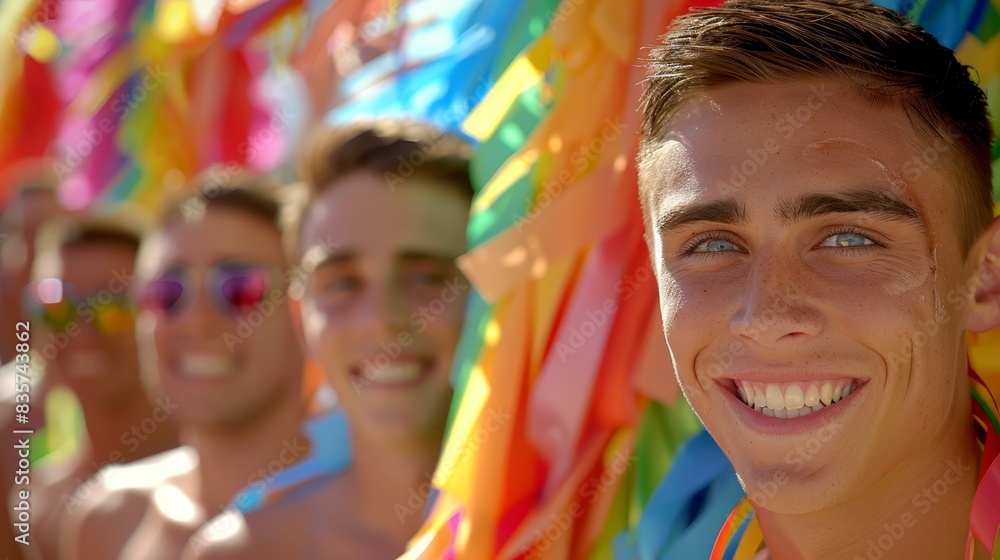 A group of young men, each wearing colorful streamers on their heads, smile at the camera A group of young men, each wearing colorful streamers on their heads, smile at the camera