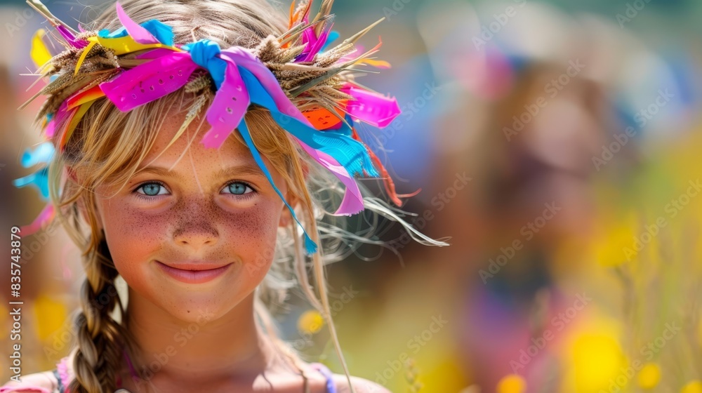 braids, flower in hair, colorful headdress, smile at camera braids, flower in hair, colorful headdress, smile at camera