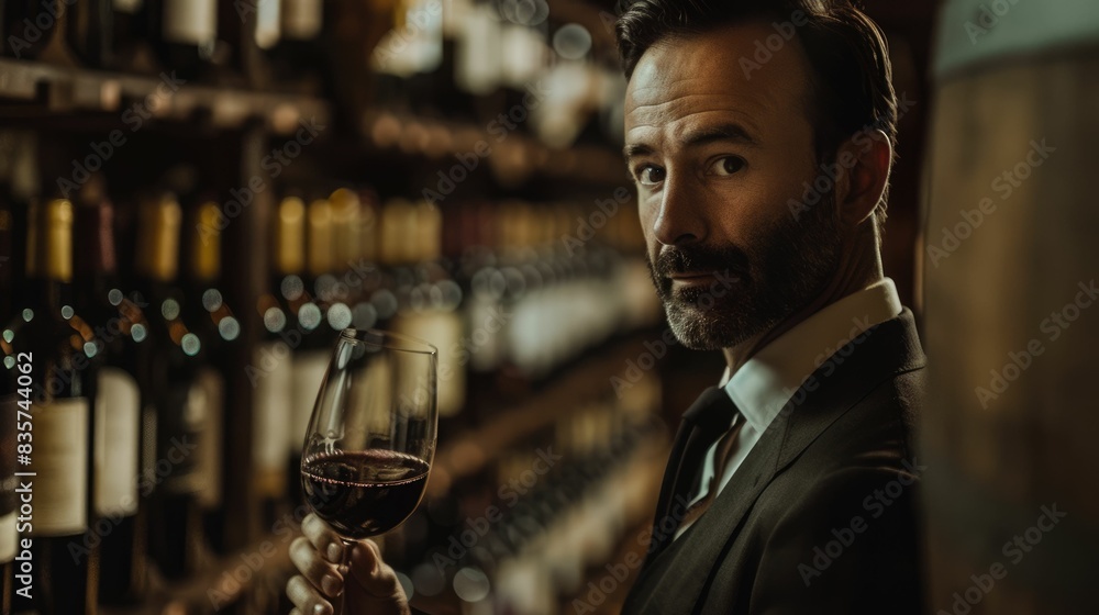 The picture of the professional sommelier in the wine storage room, The professional sommelier need the experience in wine to perfect the skill in recommending appropriate wine for customer. AIG43.