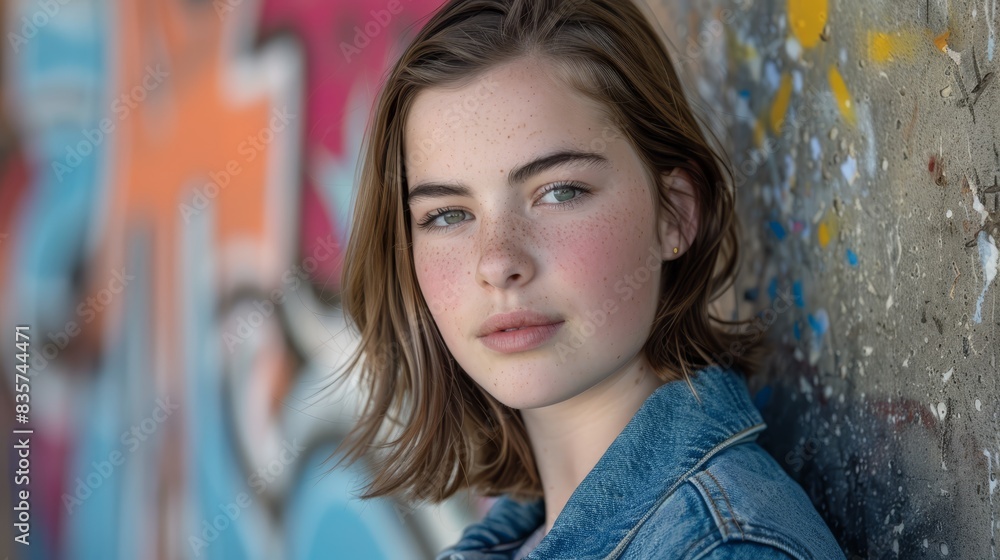 A woman, head slightly tilted, stands near a graffitied wall Close-up reveals intricate graffiti designs on the wall A woman, head slightly tilted, stands near a graffitied wall Close-up reveals intricate graffiti designs on the wall