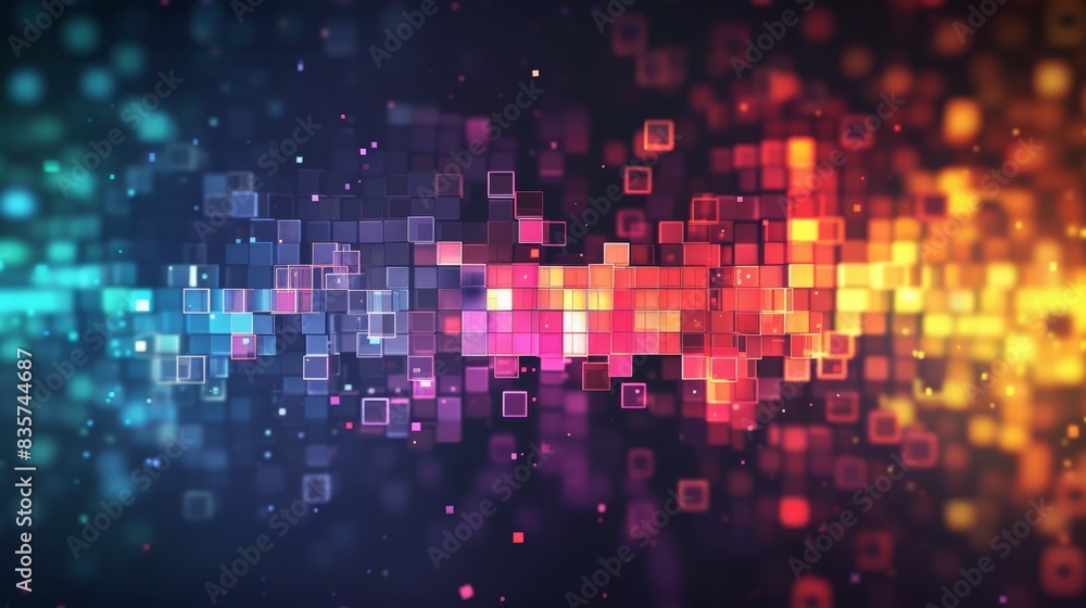 Vibrant pixel art background with abstract square pattern on a dark backdrop Vibrant pixel art background with abstract square pattern on a dark backdrop