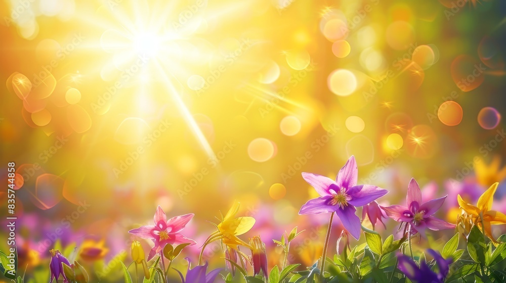 A field of purple and yellow flowers, foreground, sun shines through trees, background A field of purple and yellow flowers, foreground, sun shines through trees, background