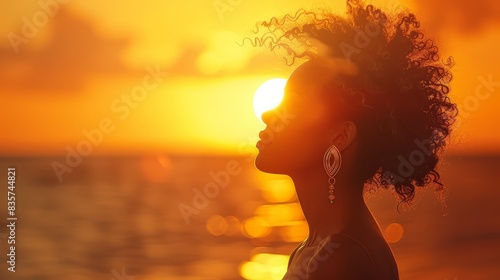  A woman facing sunset, head turned sideways Hair billows with wind Sun sets in background photo