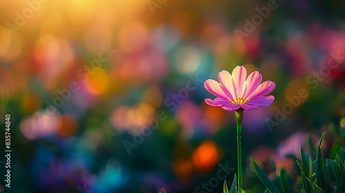  A pink flower sits in the midst of a field  surrounded by a blurred backdrop of purple and yellow blooms The foreground features a dense array of pink blossoms  while