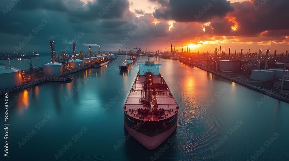 Fototapeta premium Scenic Backdrop With Docked Ship At Oil Terminal And Large Tanks