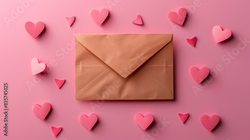 Valentines Day greeting with an envelope and paper hearts on a pink background