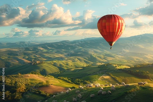 Vibrant hot air balloon floating over rolling green hills dotted with sheep.